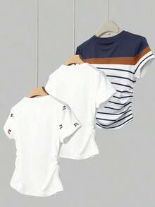 Set de 3 camisetas a rayas para mujer, en negro, blanco y rojo, camisetas versátiles de moda con cintura fruncida, adecuadas para volver al colegio, sesiones de fotos y uso al aire libre - Multicolor 10 - Ver 2