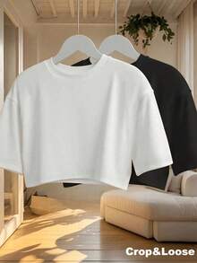2pcs Women's Loose Cropped Round Neck Short Sleeve T-Shirt, Suitable For Spring/Summer Wear, Casual/Minimalist/Elegant/Sexy/Streetwear/Y2K Style, Suitable For Office/Home/Street And Various Occasions - 黑與白 - 查看 1