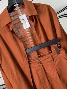 Linen Shirt And Shorts Set (2 Pieces) - Coral Orange - View 2