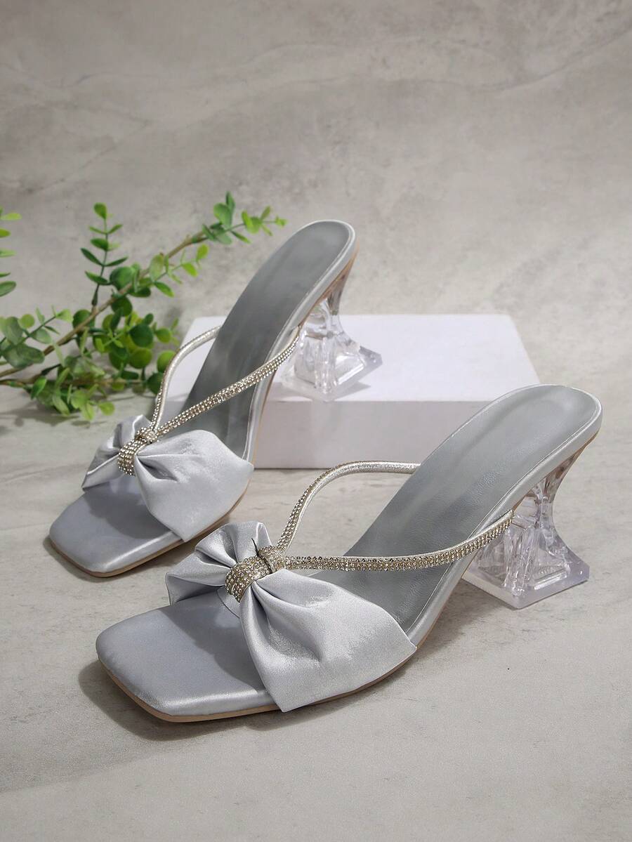 Women's Square Toe Strap Sparkling Crystal Heel Sandals, Fashionable Versatile Outdoor Non-Slip Thick Heel Slides, Silver Rhinestone Decor High Heels Suitable For Party, Wedding, Banquet In Spring, Summer, Autumn - Silver - View 1