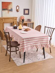 1pc Light Red Fresh Striped Ruffle Tablecloth, American Farmhouse Style Minimalist Decor, Rectangular For Dining Table, Coffee Table, TV Stand, Entryway, Suitable For Holidays, Parties, Weddings, Banquets, Home, Office, Outdoor Picnic, All Seasons - Red - View 10