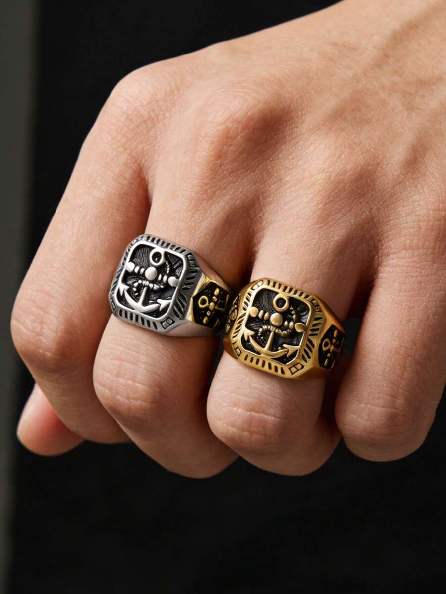 1pc Men's Vintage Stainless Steel Anchor Signet Ring Punk Biker Statement Ring For Daily Wear Party Gift - Ring - View 1