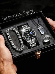 4PCS Simple Business Men's Quartz Watch, Men's Cool Business Style Quartz Watch Accessory Set, Including A Men's Quartz Watch With Bar Markers, Cuban Chain Bracelet, Pendant Necklace, And Engraved Ring. - Silver - View 1