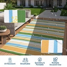 Striped Outdoor Area Rug, Waterproof Outdoor Rug,Reversible Outdoor Rugs, Patio Plastic UV Resistant Garden Rug, Plastic Straw Rug With Portable Bag For Front Door, Kitchen, Entryway, Patio, Porch - Amarillo/azul/verde/blanco-9*12 pies (274*366 cm) - Ver 10