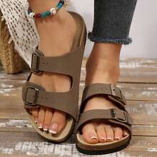 Women's Sandals Flats Soft Open Toe Summer Slide With Adjustable Buckle Slippers Shoes - Nâu sẫm - Xem 10