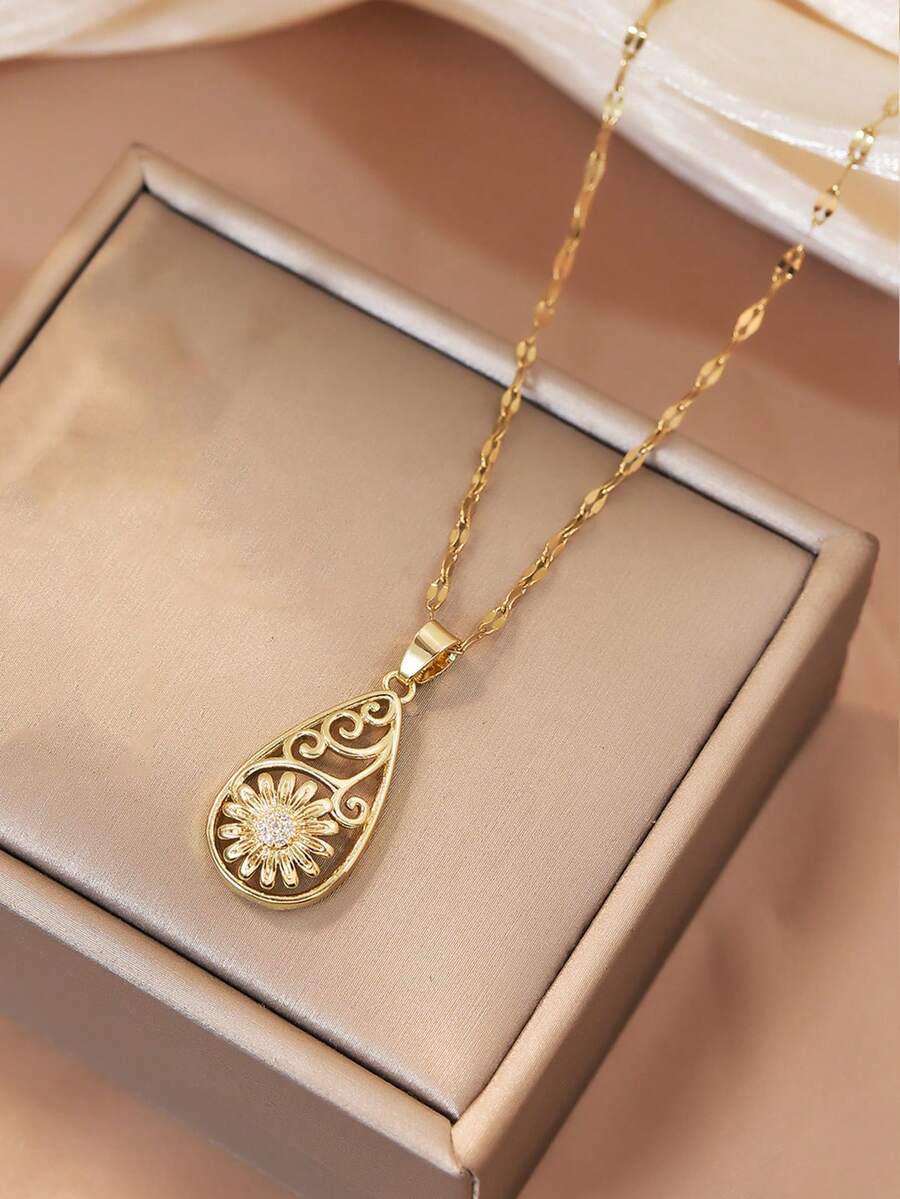 1pc Copper Inlaid Artificial Zirconia Hollow Daisy Teardrop Women's Necklace, French Gentle Style Commuter Accessory, Valentine's Day Gift For Girlfriend, Versatile Collarbone Chain For Office Commute - Daisy - View 1