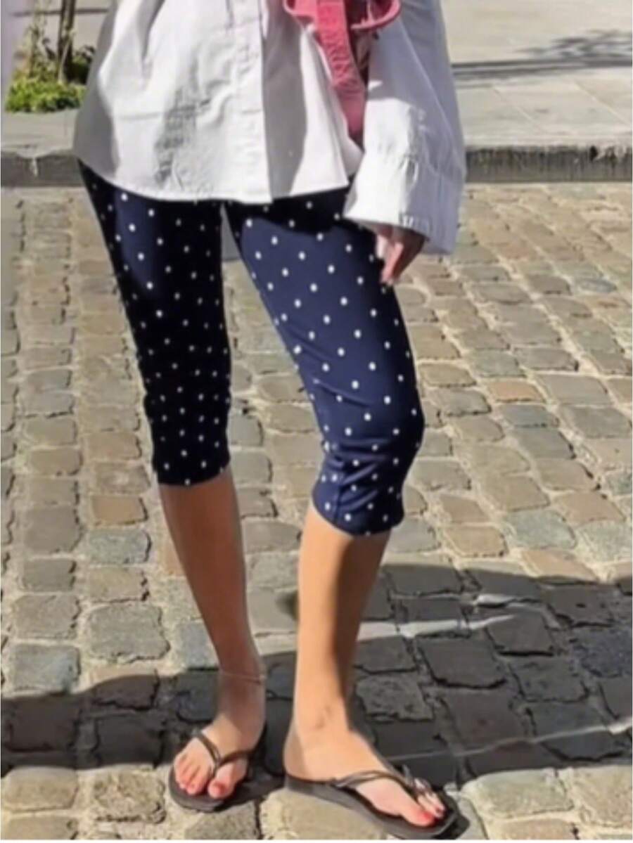 Women Y2k Polka Dot Printed Capris Cute Low Rise Stretchy Cropped Pants Side Bow Tie Skinny Capri Leggings Going Out - 深藍色 - 查看 1
