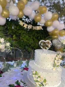 Acrylic Mr. & Mrs. Cake Topper With Pearls And Rhinestones, Suitable For Engagement, Bridal Shower, Anniversary, Luxury Wedding Cake Decor, Reusable Wedding Cake Decoration, Easy To Install Cake Topper, Bohemian Style Wedding Cake Decor, Rustic Wedding Cake Decor, Luxury Wedding Cake Topper With Pearls (Heart Shape) - Multicolor - View 5