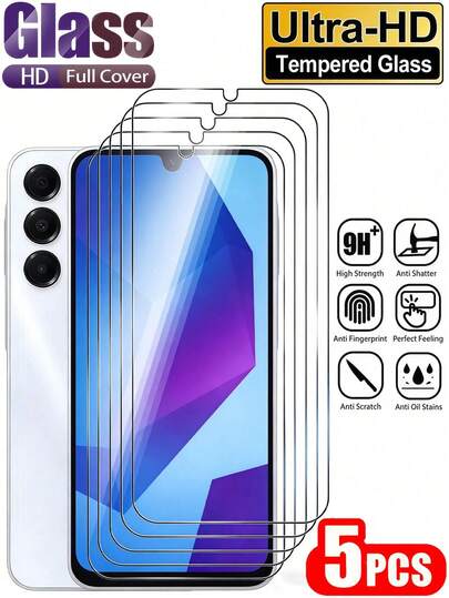 5 piezas Protector de pantalla de vidrio templado Ultra HD de 9H de dureza, a prueba de explosiones y resistente a los arañazos, compatible con Samsung Galaxy S26 S25 S24 Ultra FE A57 A56 A55 A37 A36 A35 A17 A06 A07 / Compatible con Xiaomi 15T 14T Poco X6 M6 Note 13 14 12 4g 5g 15a A7 Pro 14C Sin burbujas, suave, depósito de aceite, adsorción automática, fácil de instalar, película protectora