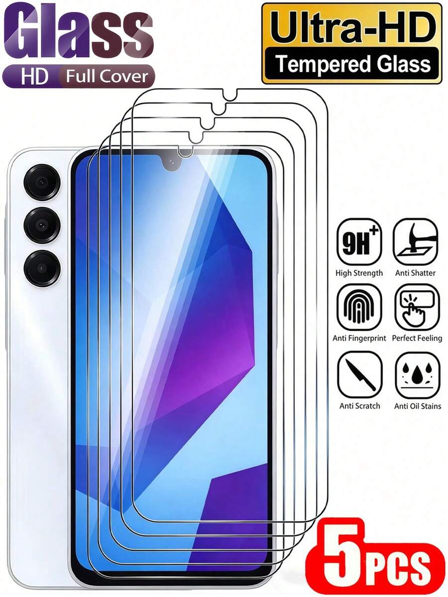 Protector de pantalla para teléfono Android, 5 piezas, ultra HD, vidrio templado, dureza 9H, a prueba de explosiones y resistente a los arañazos, compatible con Samsung Galaxy S26 S25 S24 Ultra FE A57 A56 A55 A37 A36 A35 A17 A06 A07 y 15T 14T Poco X6 M6 Note 13 14 12 4g 5g 15a A7 Pro 14C, sin burbujas, superficie suave, reservorio de aceite, adsorción automática, fácil de instalar, película protectora, regalo del Día de la Madre
