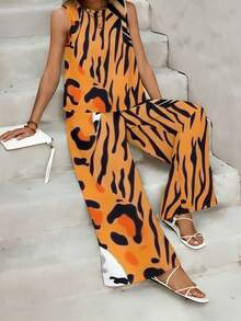 Animal Print Style Women's Vest And Straight-Leg Pants Set  Leopard And Tiger Pattern Summer And Autumn Wear For Gift To Friends And Family_pt103_01 - 混合色 - 查看 3