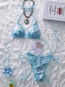 Women's Spring/Summer New Metallic Fabric Beaded Sexy Sweet 3-Piece Bikini, Suitable For Beach, Vacation And Holiday Parties - Blue - View 2