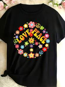 Women's Hippie Floral Print Short Sleeve Round Neck Cotton T-Shirt, Regular Fit Boho Love Peace Graphic Tee For Casual Wear - 黑色 - 查看 1