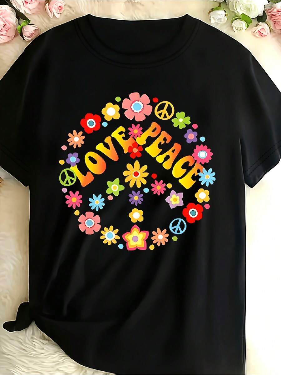Women's Hippie Floral Print Short Sleeve Round Neck Cotton T-Shirt, Regular Fit Boho Love Peace Graphic Tee For Casual Wear - 黑色 - 查看 1