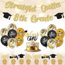 Juego de 49 decoraciones de graduación de 8º grado 2024, con purpurina dorada recta fuera de 8º grado, decoración de pasteles de 8º grado, globos de grado felicitaciones, suministros para fiestas de - 1 - Ver 1