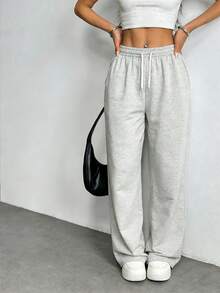 Women's Straight Leg Casual Sweatpants, Fashionable Minimalist Elastic Waist With Side Pockets Sports - Light Grey - View 2