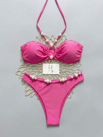  LUCKY HOLIDAY 2026 Summer New Solid Pink Pearl Decor Sexy Halter Tie Bikini Two Pieces Set, Women's Valentine's Day Beach Holiday Outfit Vacation