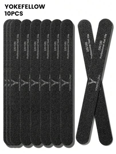 YOKEFELLOW Bộ 10 dũa móng tay thẳng, độ nhám 100/180, màu đen, chuyên nghiệp, có thể tái sử dụng, dụng cụ làm móng phù hợp cho cả móng acrylic và móng tự nhiên, dụng cụ làm móng tay chân cho phụ nữ và bé gái sử dụng tại nhà và trong salon.