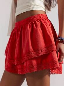 Womens Layered Ruffle Bloomers Elastic Waist Solid Color Shorts Summer Mini Shorts Polyester With Floral Lace Trim Frilly Lolita Shorts - Red - View 3