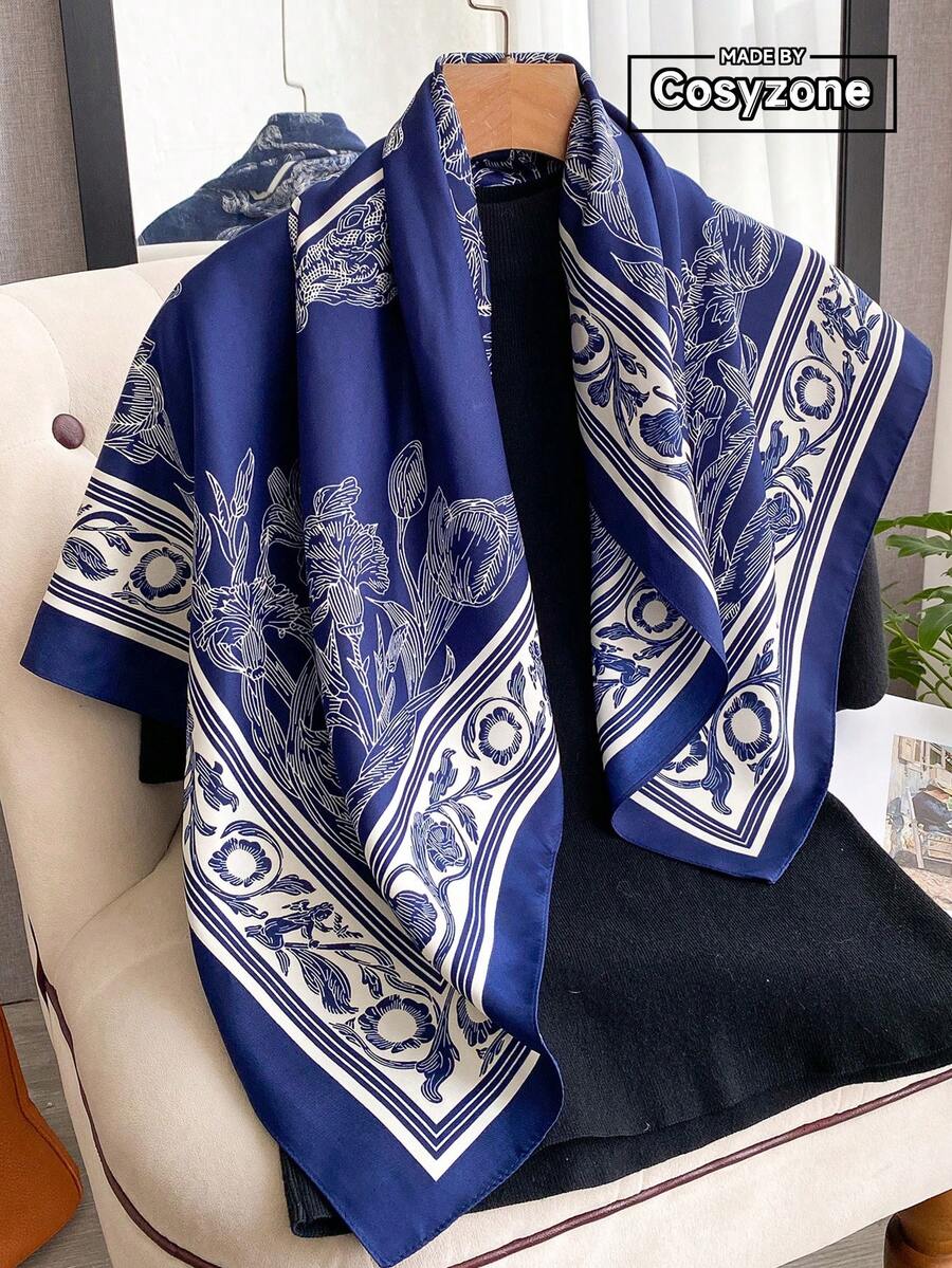 1条优雅印花90厘米丝滑方巾,时尚百搭,可作头巾、披肩或围巾,防晒实用,适合日常佩戴、配饰和假日穿着。 - 寶藍色 - 查看 1