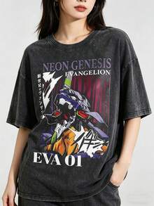 Vintage Washed Ne On Ge Nesis Evan Gelion T-Shirt | EVA 01 Graphic Tee | 100% Cotton Oversized Anime Streetwear - Black - View 2