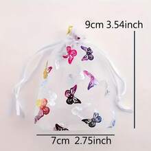Conjunto de 10 elegantes saquinhos de organza com cordão e estampa de borboletas em tons suaves. Tecido de malha transparente com fechamento duplo, ideais para guardar joias, doces e embalar presentes. Perfeitos para casamentos, festas de aniversário e pequenas lojas (multicoloridos). - Multicolorido - Ver 8