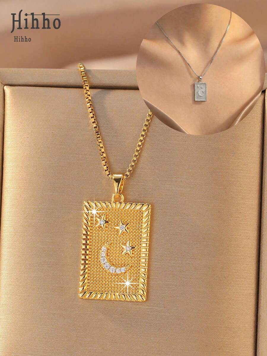 Hihho [1pc] Star & Moon Rectangular Pendant Necklace, Rectangular Pendant Engraved With Crescent Moon & 3 Stars, Delicate Details, Available In Gold/Silver, Suitable For Daily Wear Or Gift - Star and Moon Square - View 1
