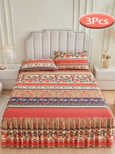 Bộ 3 món ga trải giường mềm mại và thoải mái, ga trải giường ren có chun, tấm phủ giường mềm mại, ga trải giường in họa tiết có chun, phù hợp cho phòng ngủ gia đình và khách sạn, có thể thay thế ga trải giường như một ga trải giường trang trí có chun co giãn với diềm xếp nếp chống bụi.