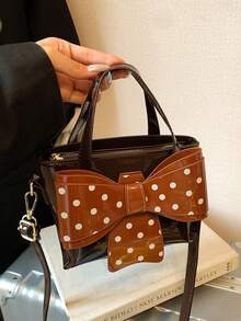 1 pièce Nouveau sac à main élégant pour femme, sac seau bandoulière/croisé, couleur unie en PU avec éléments à pois, décoration nœud papillon, chic et polyvalent pour les sorties, les courses, les rendez-vous, etc. - Tabac - Voir 9
