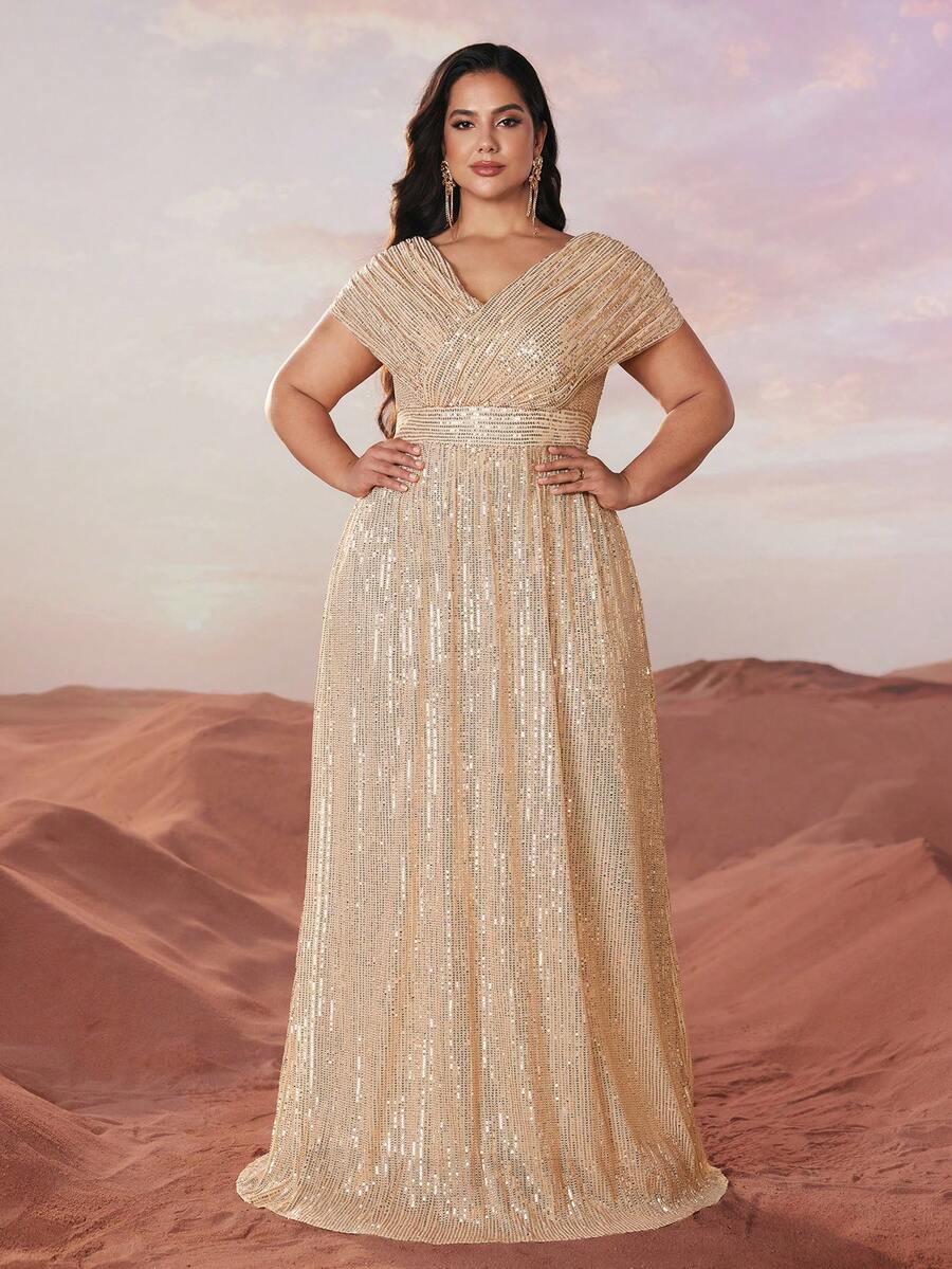 YISIKADO Vestido de fiesta de noche con escote en V con lentejuelas para mujer de talla grande, vestido formal elegante para graduación, cena, invitada de boda - Champán - Ver 1