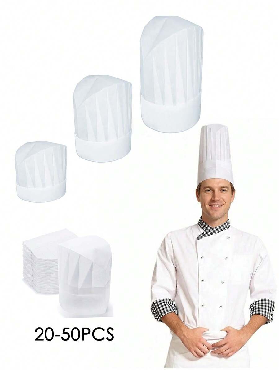 20 piezas/50 piezas Gorro de chef desechable, gorro alto, gorro extra alto para restaurantes de comida, cocina en el hogar, escuela, clases, equipo de catering o fiesta de cumpleaños en color blanco - Multicolor - Ver 1