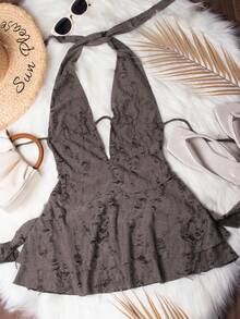 Vestido mini elegante de verano con escote en V profundo, espalda descubierta, asimétrico y rasgado - Marrón - Ver 2
