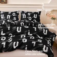 3pcs Bedding Set, Fashionable & Cooling Black Stylish Letter Duvet Cover Set, 100% Polyester 90gsm Soft Breathable Fabric, Black & White Letter Duvet Cover + 2 Pillow Shams, Suitable For Bedroom, Guest Room And Dorm, Ideal Holiday Gift - Black and White - View 12