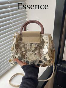 1个金色亮片PVC小方手提包，女士春季托特包，带肩带 - 金色 - 查看 2