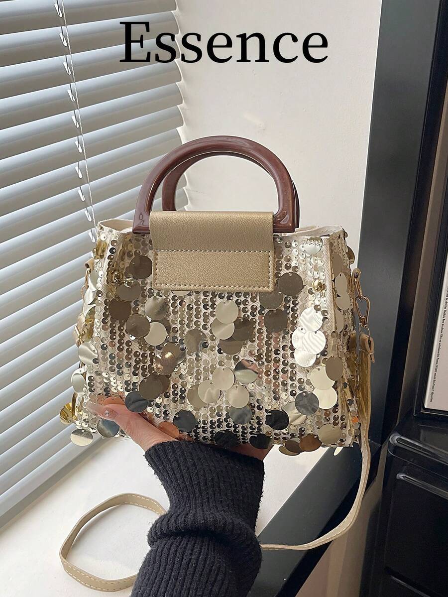 1个金色亮片PVC小方手提包，女士春季托特包，带肩带