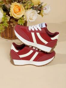 1 Pair Children's Casual Lace-Up Sports Shoes, Low-Top Fashion Outdoor Student Shoes, Suitable For Spring And Autumn - Red - View 5