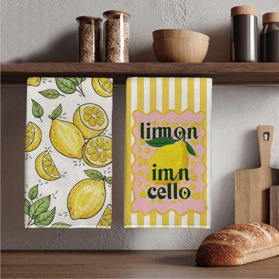 2pcs Kitchen Towels, 40*60cm Microfiber Dish Cloths With Lemon & Striped Prints, Absorbent Cleaning Rags, Suitable For Kitchen, Bathroom, Housewarming Gifts, Great Value