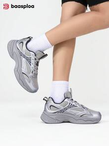 baasploa Women's Thick-Sole Sneakers, Breathable Lightweight Mesh, Women's Tennis Shoes, Walking Shoes, Comfortable Non-Slip Casual Sports Shoes, Suitable For Running And Fitness All Year Round, Available In Beige, White And Silver Grey - Silver-gray - View 12