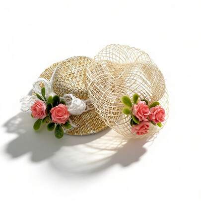 Mini Handmade Woven Summer Hat, Fairy Style Beach Hat, Dollhouse Miniature Scene Decor Prop Model, BJD Doll Hat, Mini Lace Sun Hat, DIY Pendant Accessory