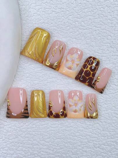 10片装Y2K风鸭嘴美甲贴片套装 - 手工制作，粉色美甲，金色美甲，金色法式美甲，手工3D花朵，3D金色花朵美甲，手绘3D金色图案及黑色斑马纹和豹纹设计，闪亮金色小钢珠装饰，精致优雅美甲