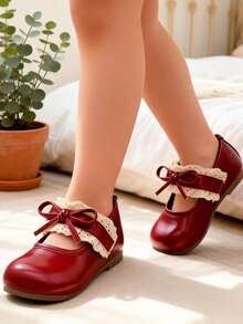 Wine Red Lace Bow Girls Mary Jane Shoes, Vintage Bright Tone Soft Sole, Birthday Party Princess Leather Shoes - Burgundy - View 9