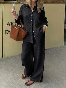 PoPoHouse 女士两件套 - 纯色棉质休闲优雅长袖衬衫搭配宽松阔腿裤，适合日常通勤、休闲旅行、情人节、春夏休闲穿着，黑色 - 黑色 - 查看 5