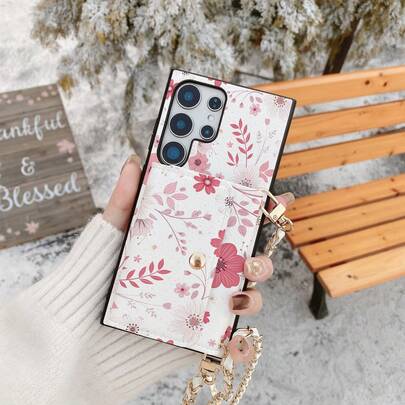 1件装优雅心形花卉印花卡包斜挎钱包手机壳，兼容三星Galaxy S26 S25 Edge S24 S23 S22 S21 S20 FE Note 20 Ultra A17 A16 A15 A07 A52 A53 A54 A25 5G、10 9 Pro XL 8 7 6 9a 8a、Note 15 Pro 14 13 4G、Poco C75，镜面PU皮革多功能保护套