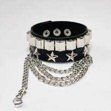 1 pieza Brazalete de cuero de PU con remaches y estampado geométrico de estilo punk, adecuado para fiestas en todas las estaciones - Negro - Ver 13