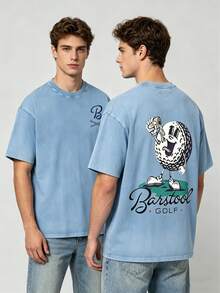 230g Vintage Washed Pure Cotton Men's T - Shirt, Featuring A Casual And Stylish Design With A "Barstool GOLF" Golf - Ball Print. Ideal For Outdoor Sports, This T - Shirt Offers A Loose Fit And Is Made From Soft Knitted Fabric - 天藍色 - 查看 1