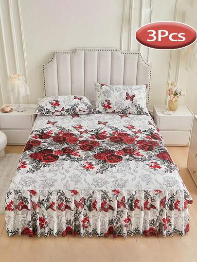 Bộ 3 món ga trải giường mềm mại và thoải mái, ga trải giường ren có chun, tấm phủ giường mềm mại, ga trải giường in họa tiết có chun, phù hợp cho phòng ngủ gia đình và khách sạn, có thể thay thế ga trải giường như một ga trải giường trang trí có chun co giãn với diềm xếp nếp chống bụi.