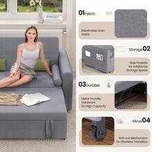 2 Seater Sofa Bed, 3 In 1 Convertible Corner Sofa Bed, Pull Out Linen Double Sleeper Chair Bed With Pocket And Adjustable Backrest For Living Room - Dark Grey - View 5