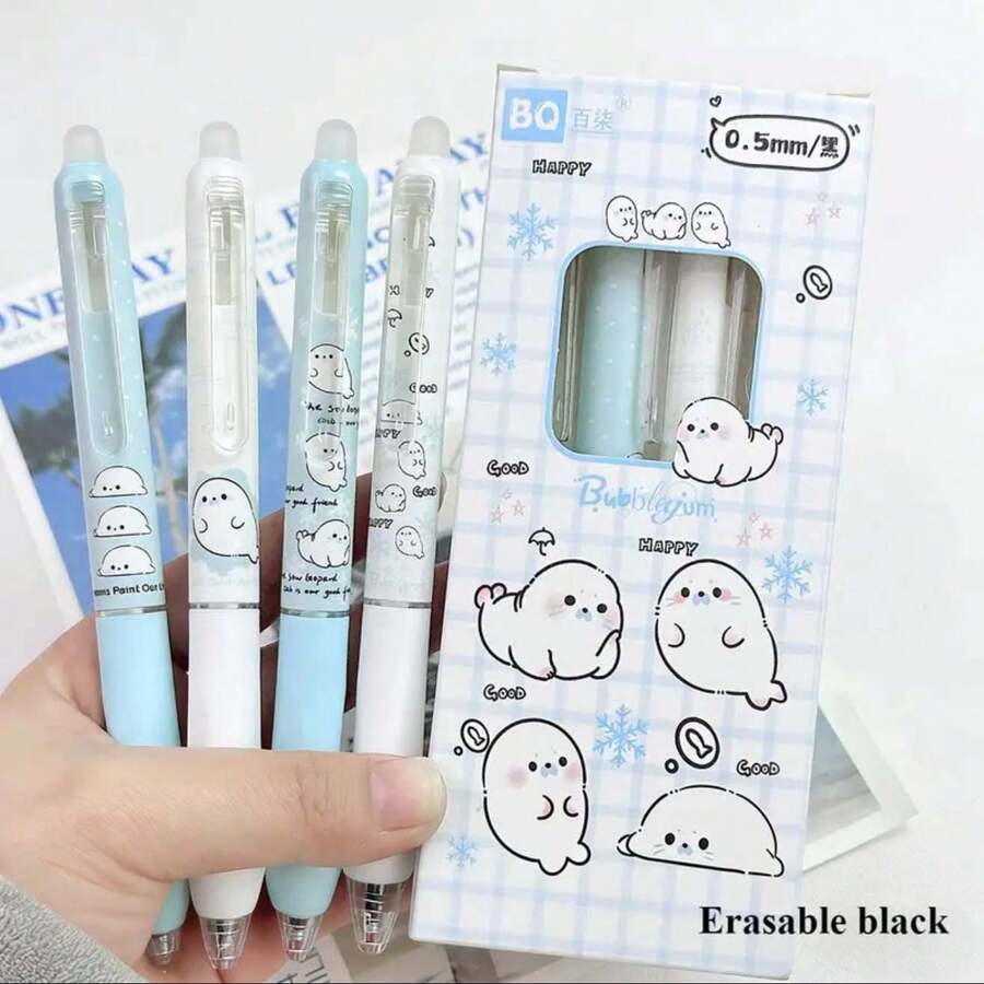 4支/盒可爱动物按压式圆珠笔套装,学生文具,办公用品,教师节礼物,圣诞礼物,教师节礼物,返校必备 - 可擦除黑色 - 查看 1