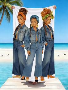 1pc African American Woman Printed Ultra-Soft Fiber Beach Towel, Available In Multiple Sizes Beach Blanket, Lightweight, Suitable For Swimming, Camping, Sports, Beach Or Gym - Cowboy-style African American Girl - View 1