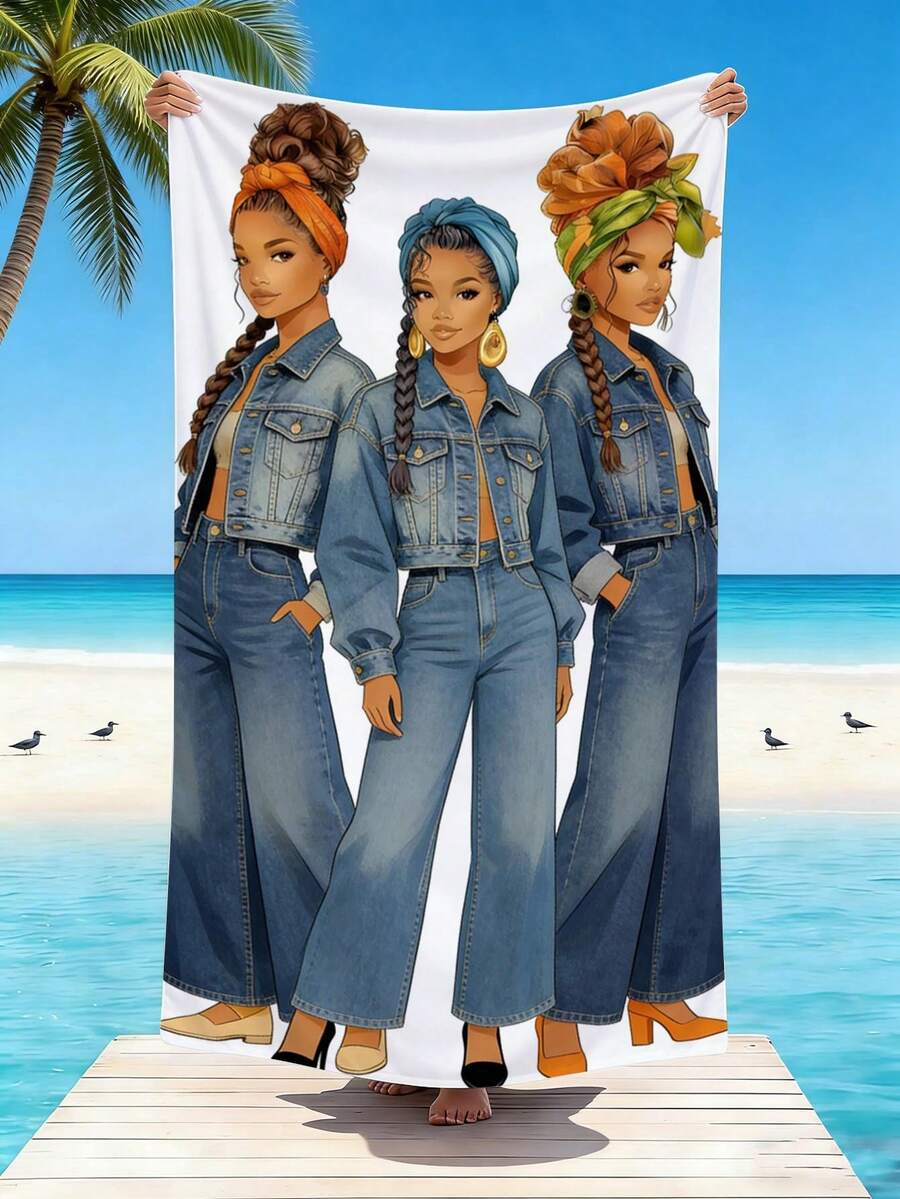 1pc African American Woman Printed Ultra-Soft Fiber Beach Towel, Available In Multiple Sizes Beach Blanket, Lightweight, Suitable For Swimming, Camping, Sports, Beach Or Gym - Cowboy-style African American Girl - View 1
